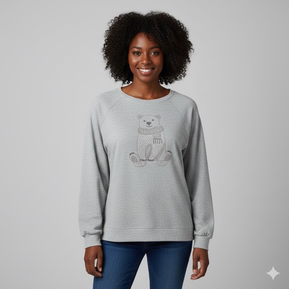 One World Teddy Bear Rhinestone Sweatshirt Womens XL Grey Live and Let Live Cozy